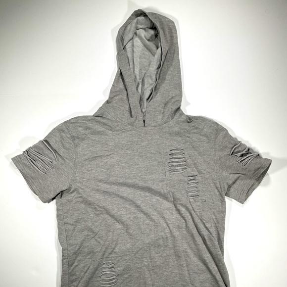 Carbon Longer Length Gray Distressed Short Sleeve Hoodie - Size Large - Picture 1 of 9